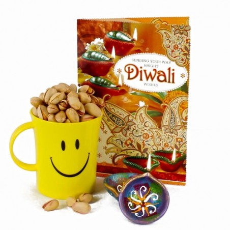 Two Diwali Clay Diya and Pista Nut Smiley Mug with Diwali Greeting Card