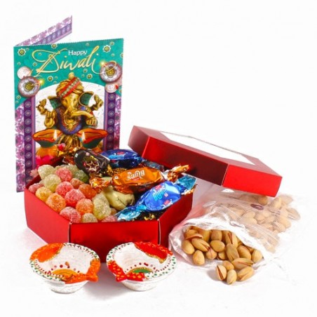 Diwali Bandhani Diyas Greeting Card Hamper Included Sugar Jelly Candy with Blues Chocolate And Pistachio Nuts