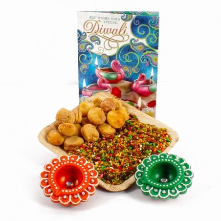 Diwali Greeting Card And Diwali Diya Hamper with Apricot Touch Mouth Freshener Tray