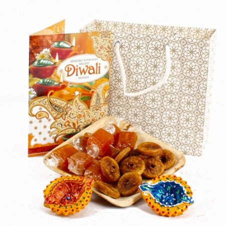 Anjeer Aam Papad Toffees Diwali Treat with Diwali Diya and Greeting Card