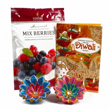 Mix Berries Treat with Diwali Card and Earthen Diyas