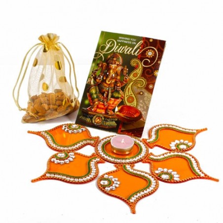 Diwali Almond Treat with Acrylic Big Rangoli and Greeting Card