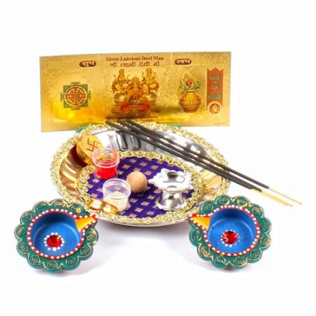 Desinger Diwali Thali and Earthen Diya with Gold Plated Lakshmi Note