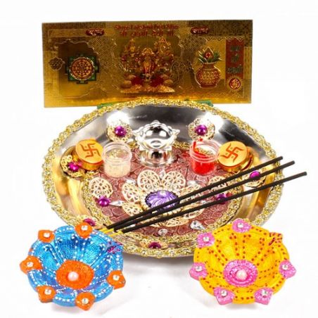 Diwali Thali and Earthen Diya with Gold Plated Lakshmi Note