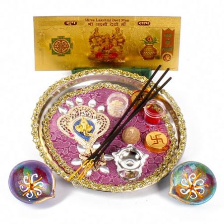 Ganesha Diwali Thali and Earthen Diya with Gold Plated Lakshmi Note