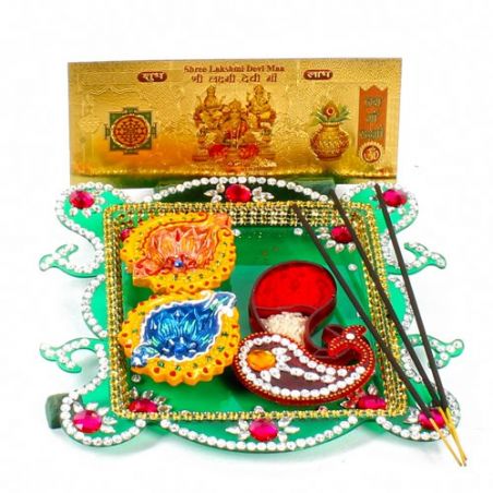 Acrylic Designer Diwali Thali and Earthen Diya with Gold Plated Lakshmi Note