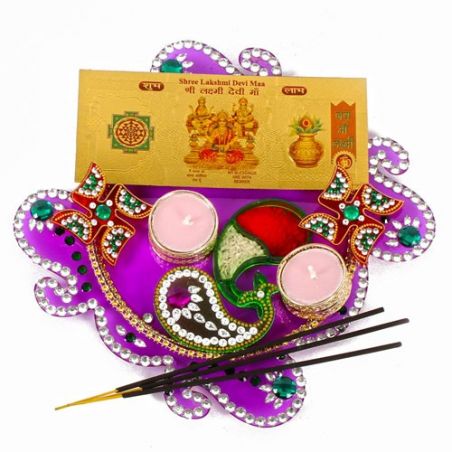 Acrylic Diwali Thali with Metal Tealight Diya Included Gold Plated Lakshmi Note