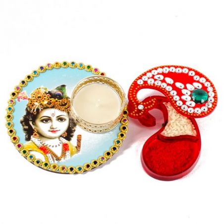 Bal Krishna Colorful Printed Diya with Kumkum Tikka Container for Bhai Dhooj