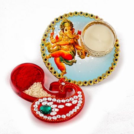 Ganesha Colorful Printed Diya with Kumkum Tikka Container for Bhai Dhooj