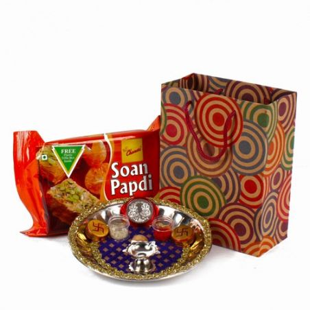 DesignerThali and Silver Coin with Soan papdi for Bhaidooj