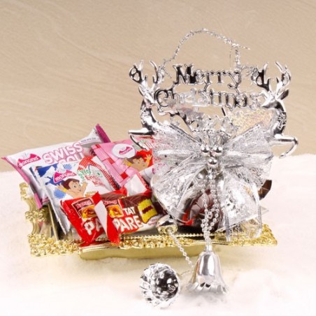 Merry Christmas Bell with Cakes and Chocolate in a Tray