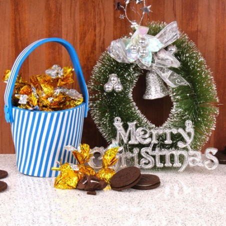 Xmas Bucket of Biscuit Stuffed Chocolates with Artificial Wreath