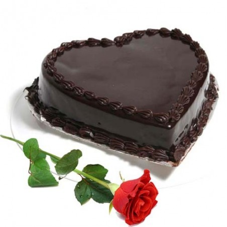 Heart Shape Chocolate Truffle Cake with Single Red Rose