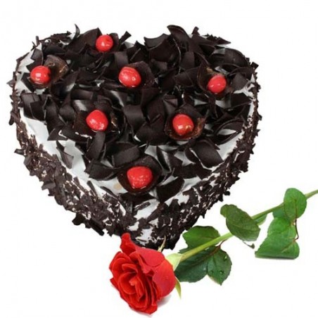 Heart Shape Black Forest Cake with Single Red Rose