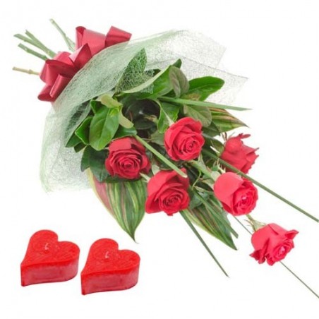 Valentine Candles and Six Red Roses Bouquet