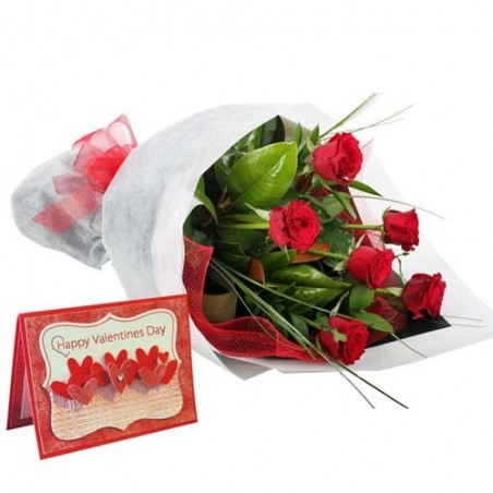 Six Red Roses Bouquet with Valentine Greeting Card