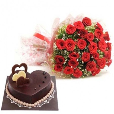 Love Treasure Surprise of Heart Shape Chocolate Truffle Cake With Red Roses