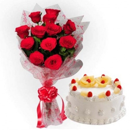 Juicy Pineapple Feast With Twelve Red Roses Bouquet