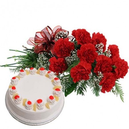 Ten Carnations and Round Pineapple Cake For Your Sweet Heart