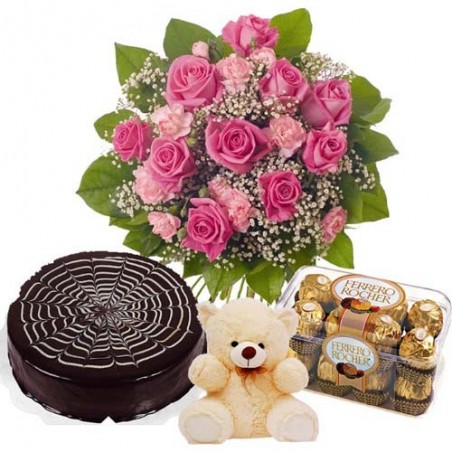 Pink Valentine Flame Hamper Including Chocolate Cake with Teddy and Ferrero Rocher Chocolates Box