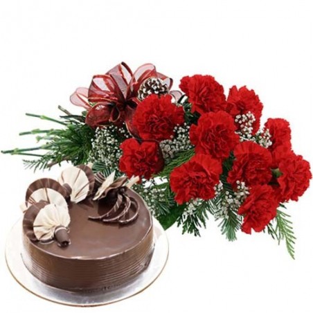 Valentine Gift Touch With Ten Red Carnations Bunch and Eggless Chocolate Cake