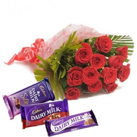 Valentine Hamper for your King Including Dozen Roses With Dairymilk Chocolate Bars