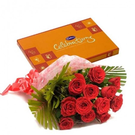 Valentine Celebration Chocolates with Love Token of Twelve Red Roses
