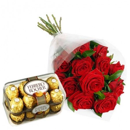 Red Roses Bunch And 16 Pcs Ferrero Rocher Chocolates For Perfect Love