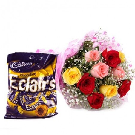 Eternal love Expressing Hamper of Ten Multi Color Roses with Eclairs Toffee