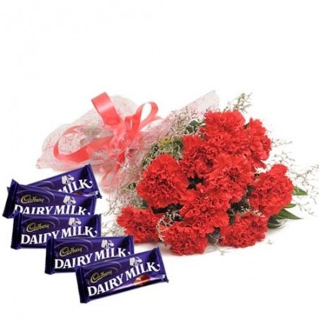 Red Color Carnations Bouquet With Dairymilk Chocolates