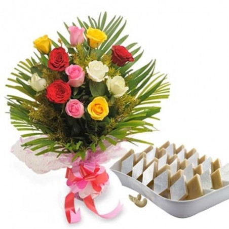 Sweet Wishes Hamper of Kaju Sweets with Dozen Roses