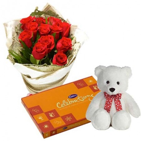 Teddy Bear With Roses Bunch And Celebration