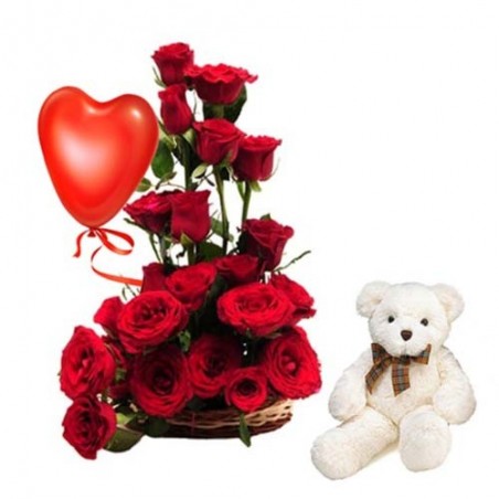Valentine Basket of Roses Arrangement With Balloon And Teddy Bear