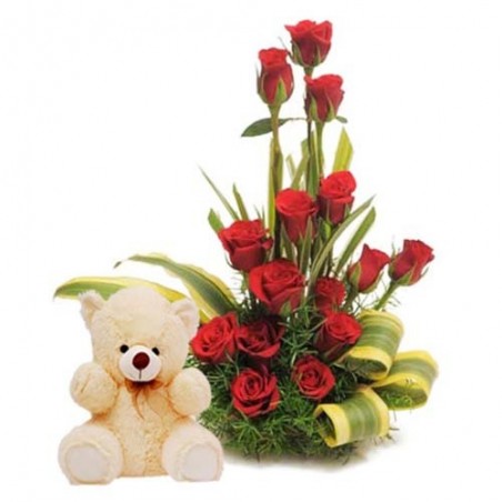 Arrangement of Fifteen Red Roses with Cute Teddy