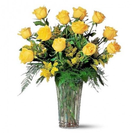 12 Lovely Yellow Roses In A Glass Vase