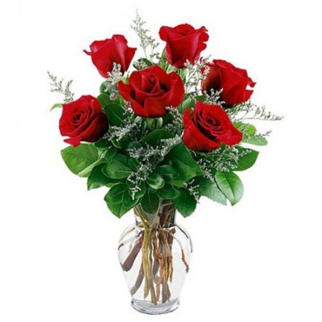 6 Red Rose in a Glass Vase For Valentine Day