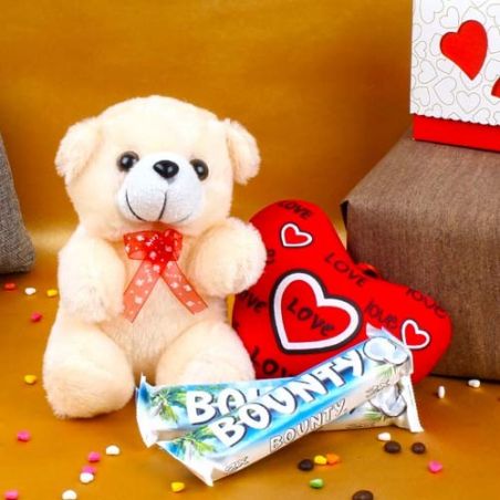 Teddy with Love Heart and Bounty Chocolates For Valentine Day