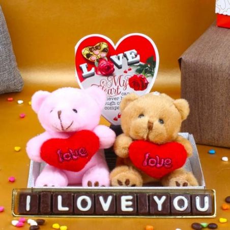 Couple Teddies Holding Heart with Home Made Chocolates and Love Card