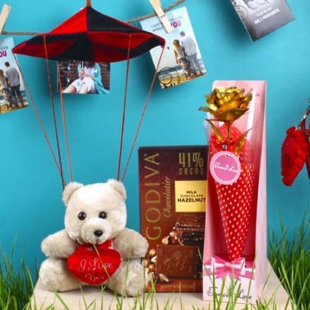 Parachute Hanging Teddy with Godiva Chocolate and Gold Plated Rose for Love Forever