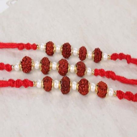 Trio Rudraksha and Pearl Beads Rakhi