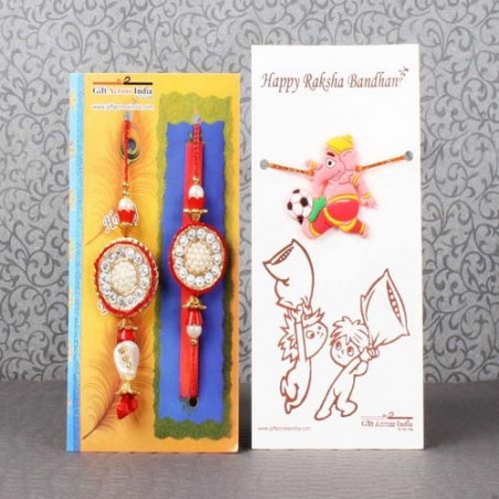 Zardosi Round Design Bhaiya Bhabhi Rakhi with Ganesha Rakhi for Kids