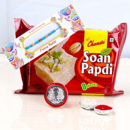 Rakhi with Laxmi Ganesha Coin with Soan Papdi