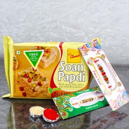 Set of Two Fancy Rakhis with  Soan Papdi