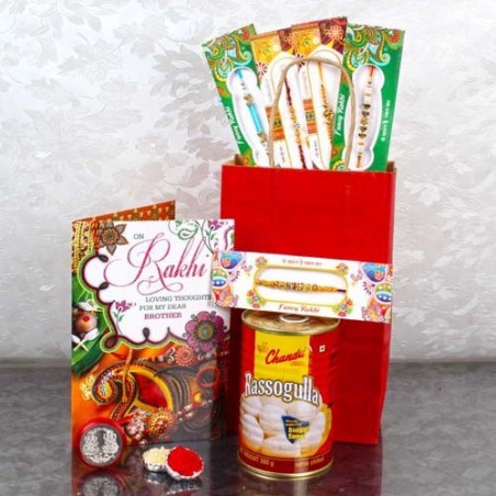 Rakhi Gift Bag of Five Rakhis and Rasgulla with Laxmi Ganesha Coin