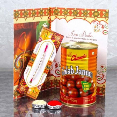 Rakhi Sweet Hamper of Gulab Jamun and Rakhi Greeting Card