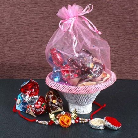 Ganesha Rakhi with Basket Pouch of Truffle Chocolates