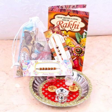 Rakhi Thali and Five Imported Chocolates with Free Rakhi Card