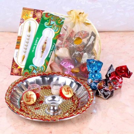 Raksha Bandhan Stainless Steel Thali with Mix Chocolates and Two Rakhis