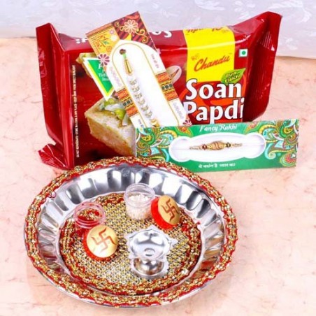 Raksha Bandhan Stainless Steel Thali with Soan Papdi and Two Rakhis