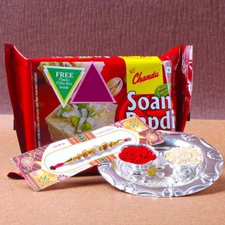 Small Silver Shiny Rakhi Thali with Soan Papadi